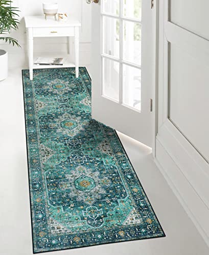Moynesa Ultra-Thin Washable Teal Non Slip Bathroom Rug - 2x6 Laundry Room Mat, Machine Washable Non-Slip Pet Friendly Carpet Runner for Camper RV Foyer Kitchen Hallway - color: Teal, size: 2' x 6'