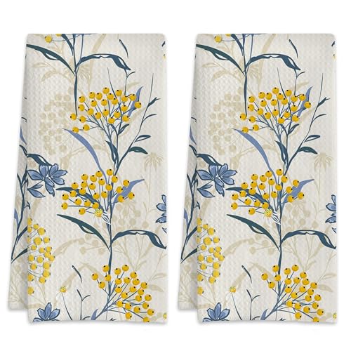Yellow Floral Vintage Hand Towels for Bathroom Set of 2,Absorbent Waffle Weave Kitchen Towels,Decorative Modern Bathroom Towel for Bath,Guest,Shower 16 X 24 Inch - color: Yellow Floral Vintage