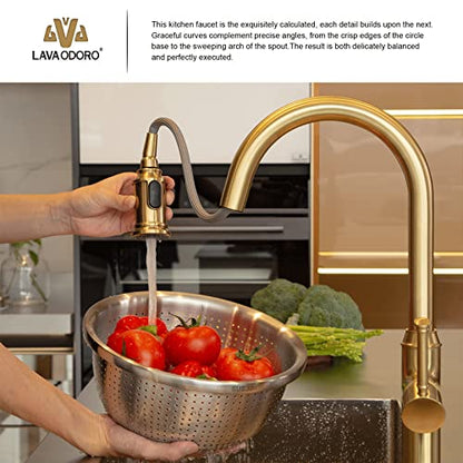 Lava Odoro Curtura Gold Kitchen Faucet with Pull Down Sprayer, Single Handle Kitchen Sink Faucet with Magnetic Docking Spray 3-Function, Brass Faucet for Kitchen Sink 1 Hole and 3 Hole, KF421-SG-M - color: Brushed Gold, style: 3-Mode, Magnetic