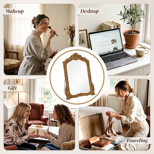 Besdomus Antique Makeup Desk Mirror: 11"x14.5" Small Gold Bow Table Vanity | Antique Standing Carved Mirror - Baroque Traditional Ornate for Bedroom/Vanity Table/Living Room - Ideal for Ages 18-45 - size: 11"L x 14.5"W