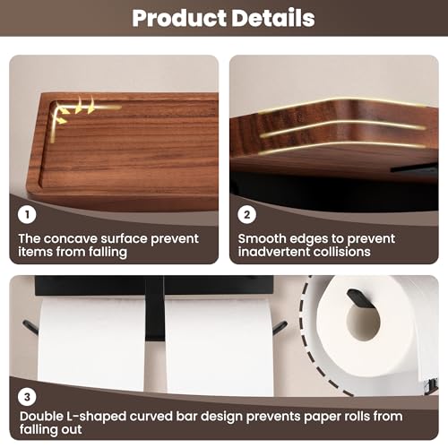 Double Toilet Paper Holder with Walnut Wood Shelf - Wall Mount & Self-Adhesive Bathroom Tissue Roll Holder, Black Stainless Steel with Walnut Shelf for Phone - Home Apartment Restroom - color: Walnut & Matte Black Double Hooks