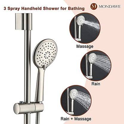 MONDAWE 9 Inch Wall Mounted Shower Faucet Set with Tub Spout in Brushed Nickel, Rainfall Shower Head with 3-Setting Handheld Spray Shower Combo, High Pressure Shower System with Solid Brass Valve - color: Brushed Nickel, style: 9 IN - With Tub Spout
