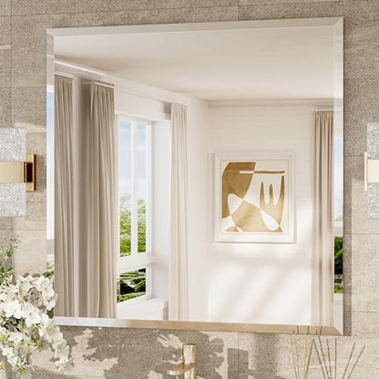 36x36 Beveled Mirror Frameless Tempered, Rectangle Bathroom Mirror with 1" Beveled Edge, Shatterproof Bathroom Vanity Mirrored Wall Mounted for Living Room, Entryway, Restroom - size: 36"L x 36"W, style: Beveled
