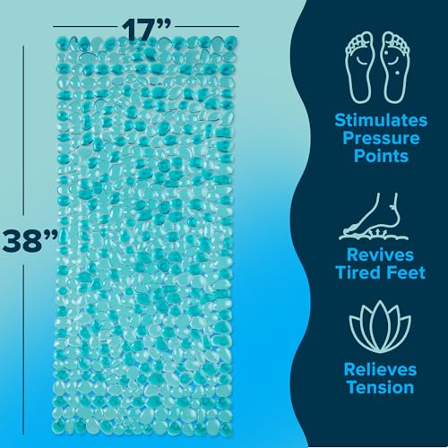 SlipX Solutions 38"x17" Pebble Non Slip Mat for Bath & Shower, Aqua | Foot Massaging Accupressure Bathtub Mat, River Rock Look, 188 Suction Cups, Machine Washable - color: Aqua