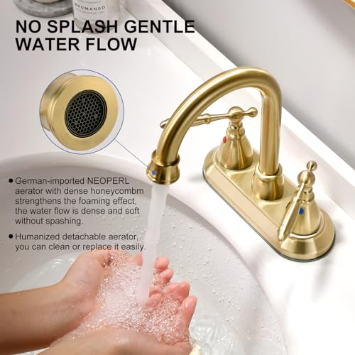 Brushed Gold Bathroom Faucet with Pop-up Drain Assembly, 2 Handles Centerset Bathroom Sink Faucet 4 Inch with 360° Swivel Spout, Stainless Steel Faucet for Vanity Sink with Water Supply Lines - color: Brushed Gold, size: 4 Inch