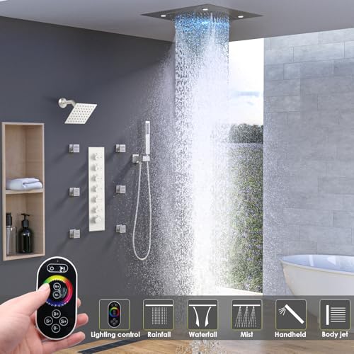 Enga Luxury Dual Shower Head System with Body Jets LED Thermostatic Shower System with 6 inch Wall Shower, 20-Inch 3 Function Shower Head (Rainfall & Mist & Waterfall), Brushed Nickel - color: Brushed Nickel, style: 20" Head (Rain + Mist+Waterfall) - 6" H