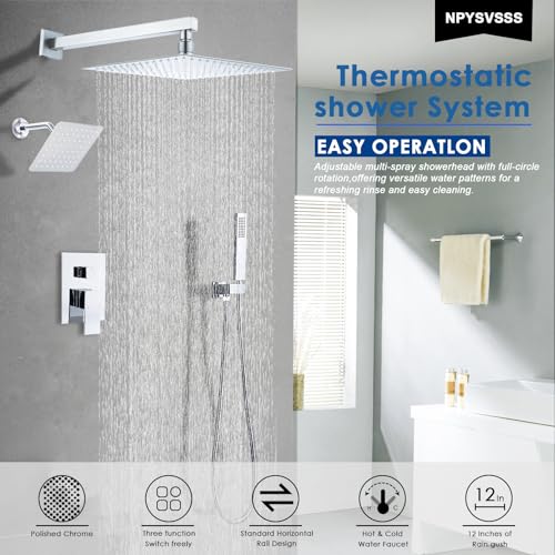 12" Shower Faucet Set Rain Shower System with 6" Wall Mounted Head Full Body Luxury Rain Shower System Rainfall Shower Head with Handheld Combo,3 Way Pressure Balance Valve Kit,Chrome - color: Polished Chrome, style: HG-12inch+6inch