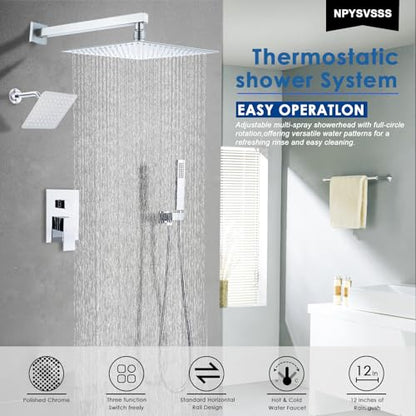 12" Shower Faucet Set Rain Shower System with 6" Wall Mounted Head Full Body Luxury Rain Shower System Rainfall Shower Head with Handheld Combo,3 Way Pressure Balance Valve Kit,Chrome - color: Polished Chrome, style: HG-12inch+6inch