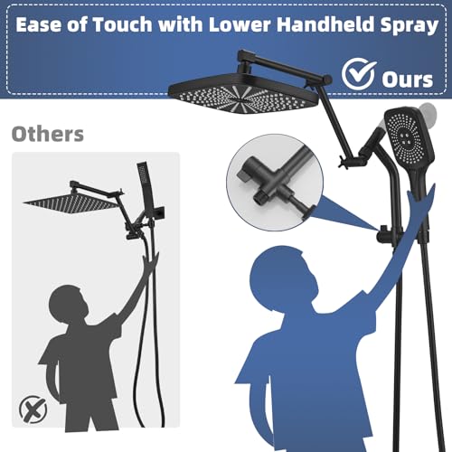 12" High Pressure Rain/Rainfall Shower Heads With Handheld Spray Combo (3+1 Settings & Built-in Power Wash Mode), Double/Dual Shower Head With Handheld - Height/Angle Adjustable(Matte Black) - color: Matte Black, size: 12 Inch