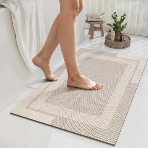 YDKGL Non Slip Bath Mat Thin Bathroom Rugs Fit Under Door Beige 24"x 35" | Quick Dry Absorbent Washable Rubber Backing Bath Rug Shower Mat Bathroom Floor Mat for Sink Bathtub Beside Shower Entrance - color: A- Beige, size: 24” x 35“