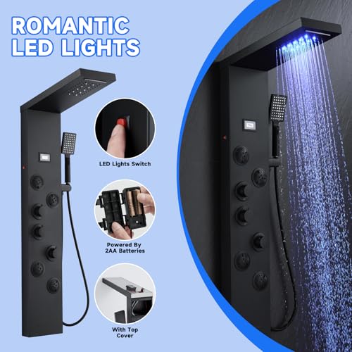 5-in-1 LED Shower Panel Tower System Matte Black Stainless Steel | Rainfall + waterfall | 4 body jets | Handheld shower | LED lights | Wall mount - color: Matte Black