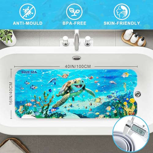 Baby Bath Mat for Tub Non Slip Kids, BPA Free Extra Long Bathtub Mat 40x16 with Drain Holes and 200 Suction Cups, Non Toxic Machine Washable Toddler Bath Mat, No Fading, Sea - color: X-turtle 1
