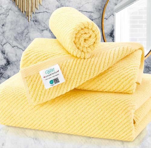 VOOVA & MOVAS 3PC Towel Set, 100% Cotton, Lemon Glow Yellow | 1 Large Bath 30x56 In, 1 Hand 18x28 In, 1 Wash Cloth 13x13 In, Quick Dry, Soft, Thick, Large, Bathroom Essentials - color: Lemon Glow, size: 3 PC Bathroom Towel Set