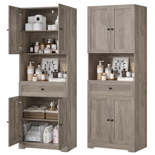 Tall Bathroom Storage Cabinets with Drawer, Farmhouse Linen Cabinet with Doors & Shelves, 67” Tall Storage Cabinet Freestanding for Bathroom, Dining Room, Kitchen, Pantry, Laundry, Narrow Corner,Brown - color: Brown