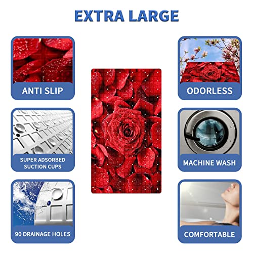 Bath Tub Mat Non Slip Shower Mat Romantic Red Rose Flower Lover Extra Long Bathtub Mat 26.8x15 inches Bathroom Bath Mat with Suction Cups Drain Holes Machine Washable - color: Romantic Red Rose Flower Lover