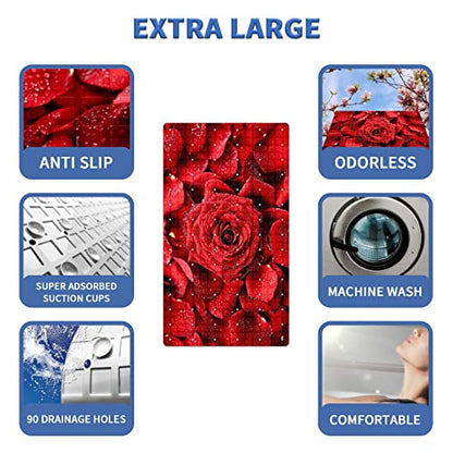 Bath Tub Mat Non Slip Shower Mat Romantic Red Rose Flower Lover Extra Long Bathtub Mat 26.8x15 inches Bathroom Bath Mat with Suction Cups Drain Holes Machine Washable - color: Romantic Red Rose Flower Lover