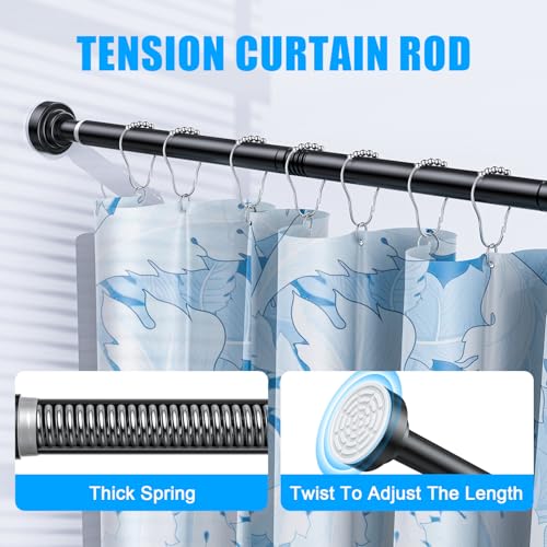 TEECK Shower Curtain Rod, 32-43 inch Adjustable Spring Tension Curtain Rod, Never Rust Anti-Slip Shower Curtain Rod for Bathroom, No Drilling, Never Collapse, Easy to Use, Black - color: Black, size: 32-43 Inches