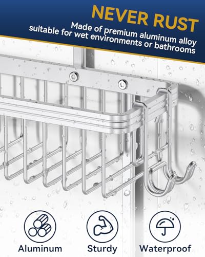 Never Rust Shower Caddy Hanging, Aluminum Shower Racks for Inside Shower, 2-Tier Shower Organizer Hanging Over Shower Head with Hooks and Soap Holder, Silver - color: Silver