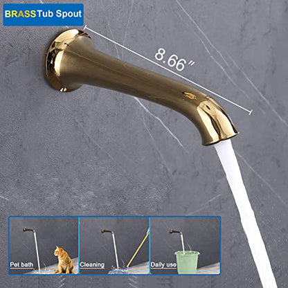 Enga Bright Gold Brass Shower Tub Faucet System Antique 8inch Rainfall Shower with Spout and Hand Spray - color: Bright Gold, style: 8" Head + Tub