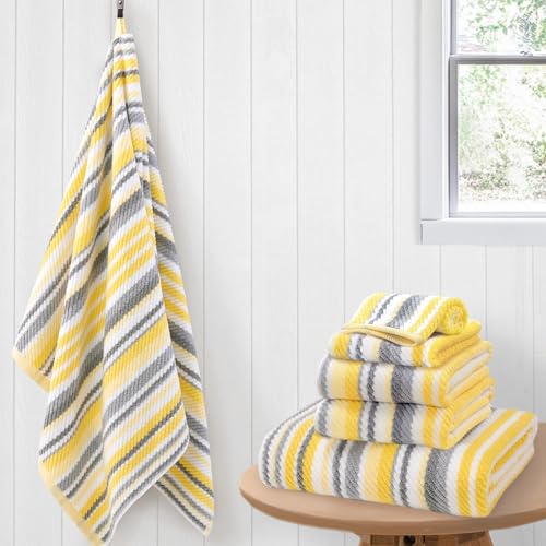VOOVA & MOVAS Yellow Gray Towels for Bathroom 6 Pack, 100% Cotton | Ideal for Bathroom Decoration & Daily Use, Available in 13x13, 16x27, 28x52 In, Quick Dry, Soft, Absorbent, Lightweight - color: Yellow + Gray Striped, size: 6 PCS Bathroom Towels