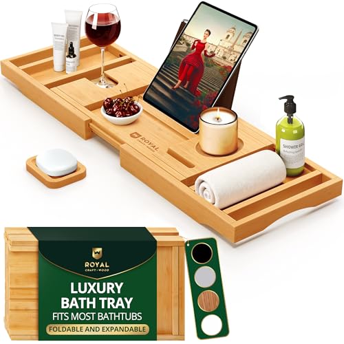 ROYAL CRAFT WOOD Premium Foldable Bathtub Tray Caddy - Wood Bath Tray for Tub, Bamboo Shelf, Expandable Bath Table Trays, Bathtub & Bathroom Accessories for New Home & Mothers, Birthday Gifts for Mom - color: Natural
