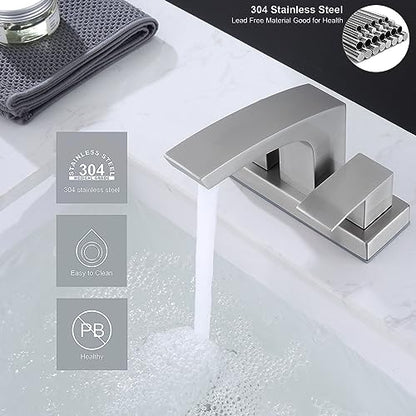 Bathroom Sink Faucets 4 inch Centerset Brushed Nickel 2 Hole Modern | Stainless Steel 2 Handle Bathroom Faucet with Pop Up Drain and cUPC Supply Hose, Satin Nickel Lavatory Faucet - color: Brushed Nickel, size: 4 Inch Centerset