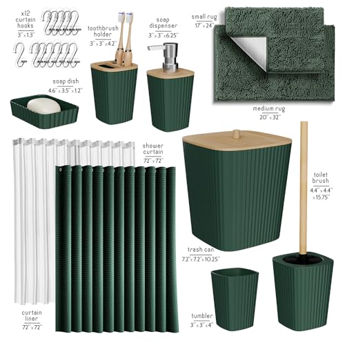 Clara Clark Bathroom Set, Bathroom Sets with Shower Curtain and Rugs | 22 Piece Hunter Green Bathroom Accessories Set with Toothbrush Holder, Soap Dispenser, Soap Dish, Toilet Brush, and Trash Can - color: Hunter Green, size: Complete Set + Bath Rugs