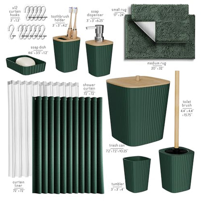 Clara Clark Bathroom Set, Bathroom Sets with Shower Curtain and Rugs | 22 Piece Hunter Green Bathroom Accessories Set with Toothbrush Holder, Soap Dispenser, Soap Dish, Toilet Brush, and Trash Can - color: Hunter Green, size: Complete Set + Bath Rugs