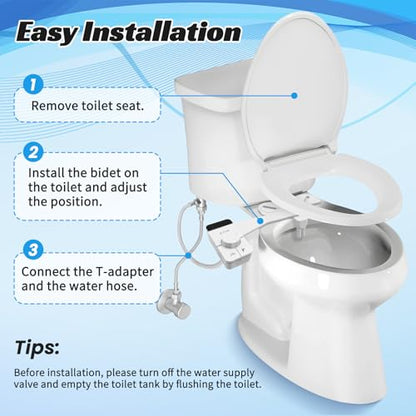 Bidet Attachment for Toilet,Ultra Thin,Self-Cleaning Dual Nozzles | Adjustable Water Pressure,Non-Electric,Rotate Button Control,One Click Detach,Fits Most Toilets,Cold Water,White,Square