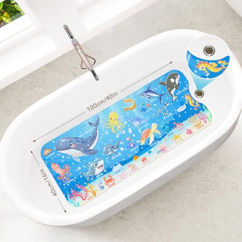 SHUCHING Baby Bath Mat for Tub Non Slip-40x16 Inch, Blue Ocean Animal | Bathtub Mat for Kids & Toddler Mold Free, Long Shower Mat for Inside Shower with Suction Cup, Machine Washable - color: Marine Animal