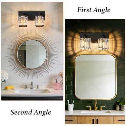 Black Crystal Bathroom Vanity Light, 2-Light Modern Bathroom Lighting Fixtures Over Mirror, Matte Black Wall Sconce with Square Shade - color: Black-Square Shade, size: 2-LIGHT