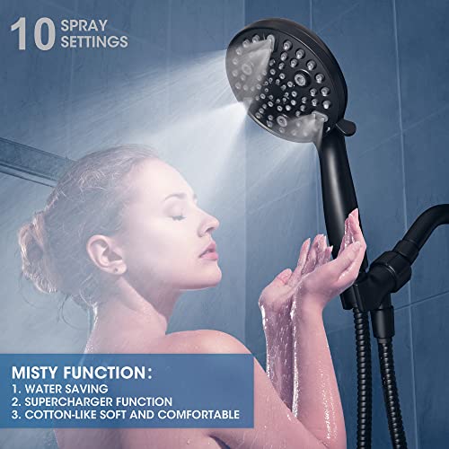Shower Head with Handheld,High Pressure, 10 Spray Modes, Black | High Pressure Shower Head With 10 Spray Modes, Stay Clean Nozzles, Power Wash for Tub, Tile & Pets, Long 5 ft Hose - color: Black