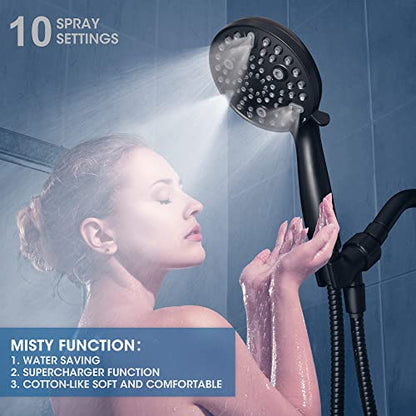 Shower Head with Handheld,High Pressure, 10 Spray Modes, Black | High Pressure Shower Head With 10 Spray Modes, Stay Clean Nozzles, Power Wash for Tub, Tile & Pets, Long 5 ft Hose - color: Black