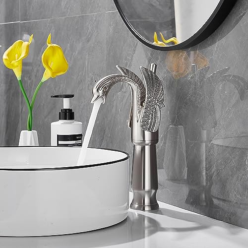 Brushed Nickel Swan Shape Single Handle 1Hole Bathroom Vessel Sink Faucet Deck Mount Lavatory Sink Faucet - color: Brushed Nickel, size: Tall