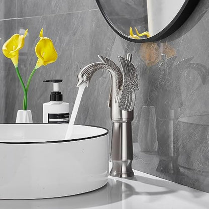 Brushed Nickel Swan Shape Single Handle 1Hole Bathroom Vessel Sink Faucet Deck Mount Lavatory Sink Faucet - color: Brushed Nickel, size: Tall