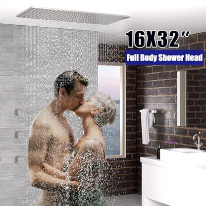 16" x 32" Luxury High Pressure Rain Shower Head, Ceiling Mount Rectangle Rainfall Showerhead with Silicone Nozzles Full Body Fixed Showerheads For Modern Bathroom, Brushed Nickel Plated Finish - color: Brushed Nickel, style: Rainfall(One Function)