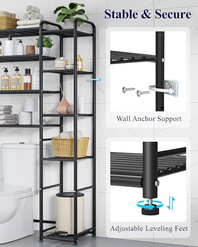 Kitsure Over the Toilet Storage – 9-Tier Black Metal Bathroom Organizer Shelves with Adjustable Side Shelves, Space-Saving Over Toilet Rack for Small Bathrooms, Apartments & Rental Homes, 68.7" H