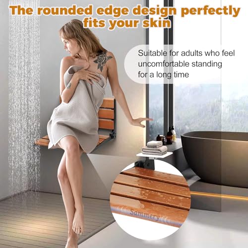 18" Wall Mounted Shower Seat for Adults | Shower Bench Wall Mount for Inside Shower, Fold Down Shower Seat, Shower Seats for Adults - color: Yellow & Aluminum Alloy & Black