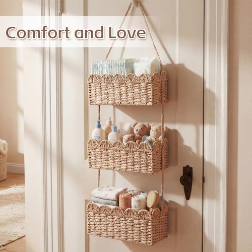 Qunclay Over The Door Hanging Basket 3-tier Decorative Hanging Nursery Baskets Large Baby Diaper Caddy Wall Mounted Woven Organizer for Home Bedroom Living Room Baby Shower Gifts