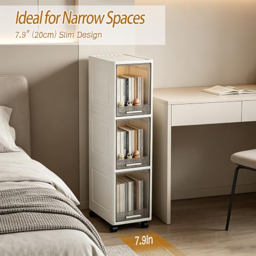 3 Drawer Slim Storage Organizer, Narrow Plastic Storage Drawer Cart with 4 Wheels, 3 Tier Space Saving Storage Tower Box, Narrow Storage Cart for Small Space Bedroom Bathroom Kitchen Pantry Office