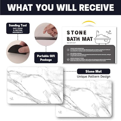 2 Pack Stone Bath Mat - Diatomaceous Earth Bath Mat Fast-Drying Stone Drying Mat Super Absorbent Diatomite Mats for Bathroom, Dish Drying, Bathtub (White Marble - color: White Marble-24*16-2 Pack