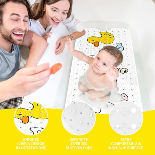 PRATIQUE Kids Bath Mat for Tub Non Slip，40 X 16 Inch Extra Long Kids Bathtub Mat Duck Bathtub Shower Mat Safety Anti Slip with Suction Cups and Drain Holes, Machine Washable - color: Small Duck