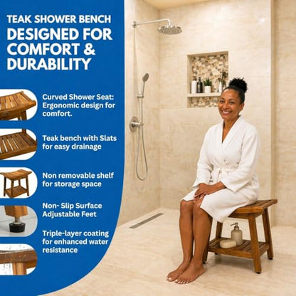 EcoDecors Harmony Gold 18" Teak Shower Bench, Fully Assembled, 300 lb | Comfortable shower bench supports adults and seniors with sturdy construction, reliable stability, and timeless teak style