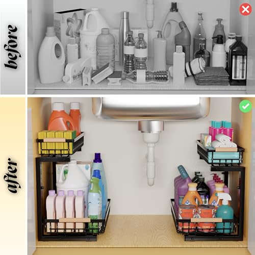 Under Sink Organizer with Pull-Out Drawers, 5-Level Adjustable Height 14"–17", 2-Tier Cabinet Storage, 4 Suction Cups, Nano-Grip Base, Sliding Baskets, Heavy-Duty Steel, Kitchen & Bathroom