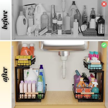 Under Sink Organizer with Pull-Out Drawers, 5-Level Adjustable Height 14"–17", 2-Tier Cabinet Storage, 4 Suction Cups, Nano-Grip Base, Sliding Baskets, Heavy-Duty Steel, Kitchen & Bathroom
