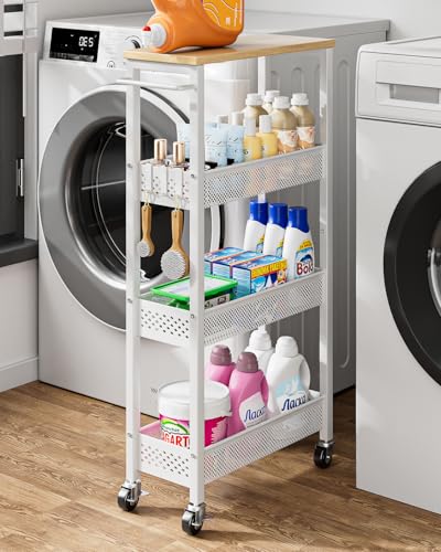 Giwil Slim Rolling Storage Cart 4 Tier Bathroom Organizer Mobile Shelving Unit Utility Cart with Wood Top and Handle for Kitchen Laundry Narrow Places, White - color: White, size: 4 Tier (W-7.1IN)