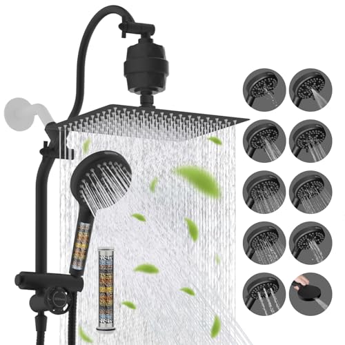 Hibbent 12" Dual Filtered 10" Rainfall Shower Head with Handheld 10-Spray | High Pressure Metal Matte Black Showerhead Combo with Filter, Extension Arm with 4-way Diverter, 71'' Shower Hose & Holder - color: Matte Black, style: Square 12" with filter