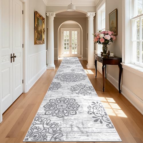 HEBE Hallway Runner Rug 3'x20', Washable Non Slip Kitchen Rug Runner | Soft Boho Bedroom Runner Rug, Vintage Distressed Low-Pile Floor Carpet Runners for Hallway, Entrance, Bathroom, Laundry - color: Grey, size: 3' x 20' (Rectangular)