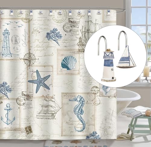 Sunlit Nautical Shower Curtain Hooks, Home Decorative Coastal Shower Curtain Rings for Bathroom, Resin, Ocean Shower Curtain Hanger Hooks for Living Room, Set of 12, Blue Lighthouse Sailboat - size: Sailboat & Lighthouse