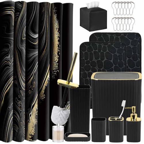 Bathroom Accessory Set with Shower Curtain and Rugs 23Pcs, Black Bathroom Set - Trash Can, Soap Dispenser, Soap Dish, Toilet Brush, Toothbrush Holder, Toothbrush Cup, Tissue Box, Q-tip Holders - size: Bath Set+Shower Curtain+Bath Rugs+Tissue Box